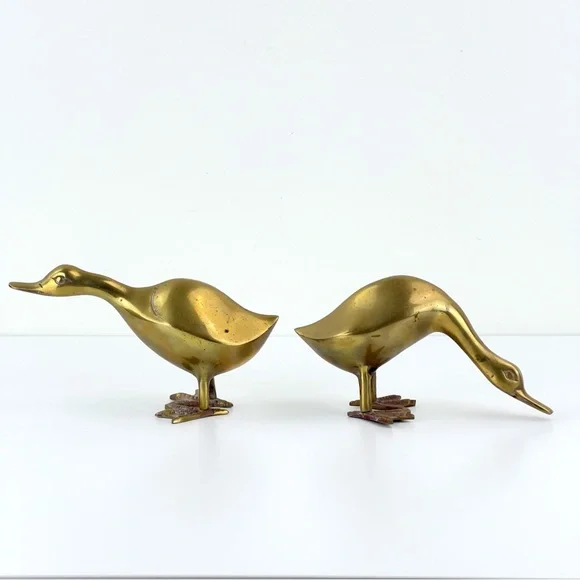 2 Vintage Brass Duck Pair Figurine Geese Set Of Birds MCM decor 8” - Picture 2 of 10